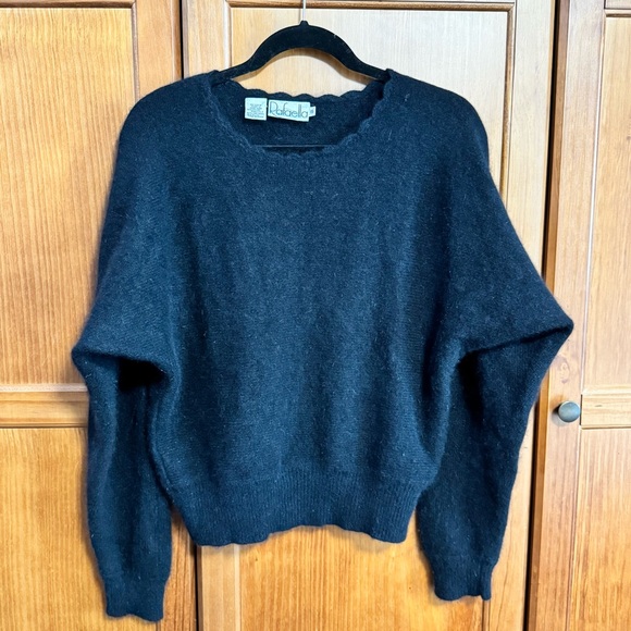 Vintage Rafaella Black Angora Wool Blend Sweater Scallop Neck SMALL Hong Kong - Picture 3 of 9